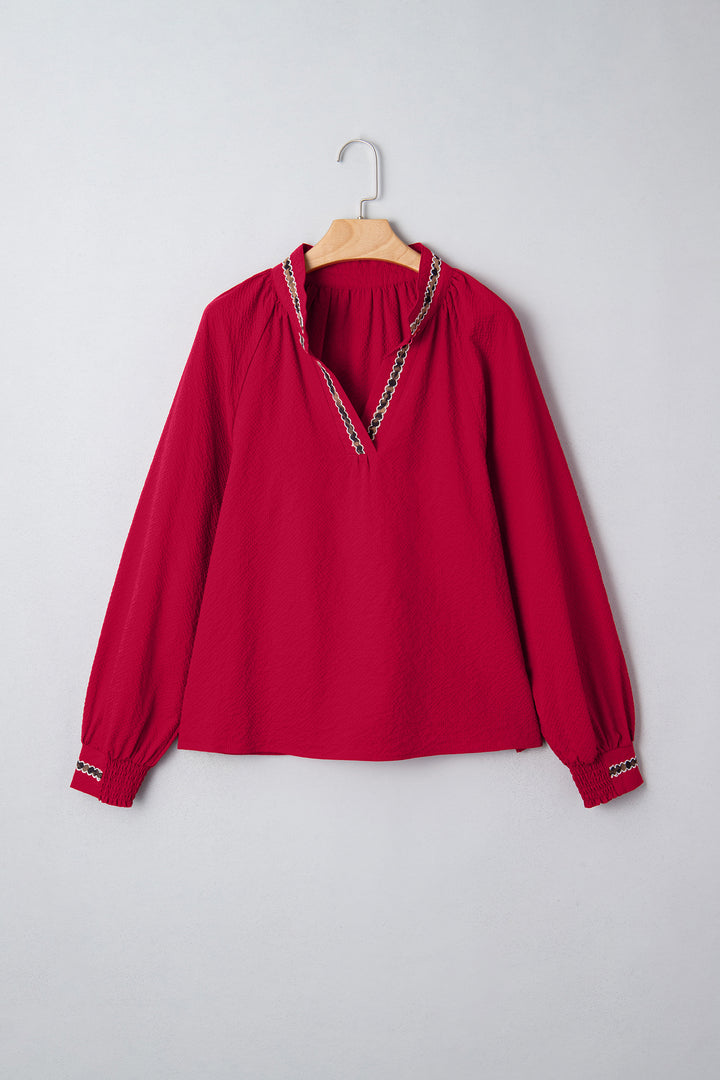 Racing Red Leopard Jacquard Print V Neck Textured Blouse