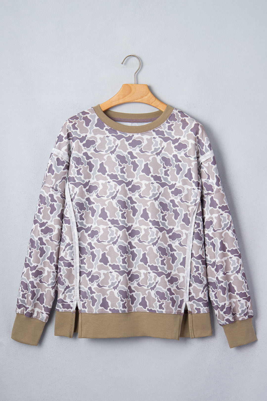 Khaki Camouflage Print Textured Knit Color Block Trim Long Sleeve Top