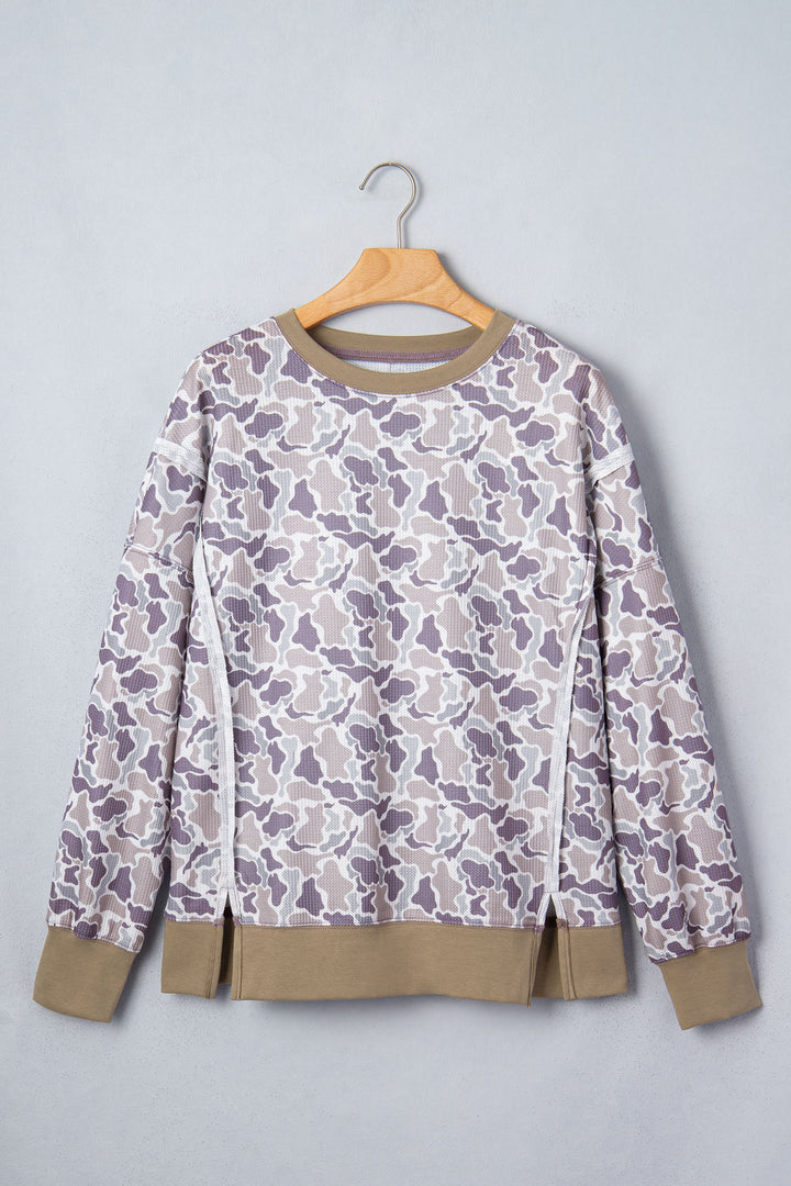 Khaki Camouflage Print Textured Knit Color Block Trim Long Sleeve Top
