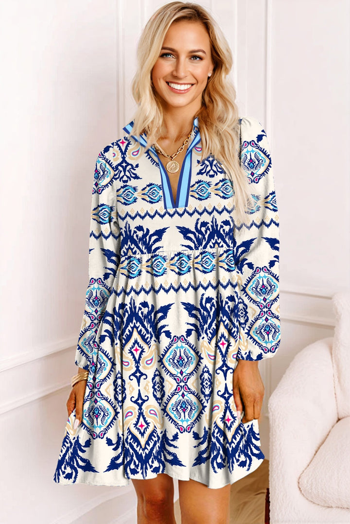 Boho Blue Ethnic Print Striped Split Neck Long Sleeve Flowy Mini Dress