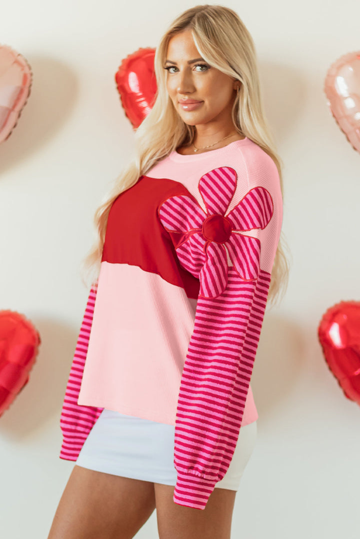 Floral Patch Color Block Striped Sleeve Textured Top