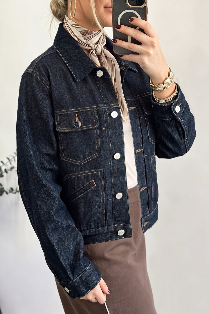 Navy Blue Contrast Stitched Detail Pocketed Vintage Denim Jacket