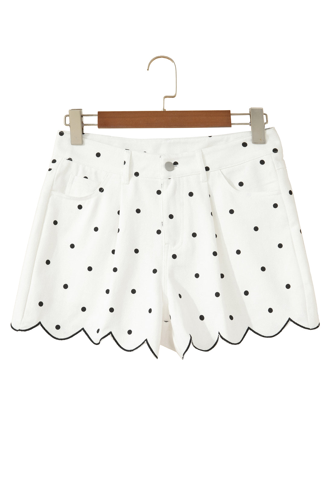 White Polka Dot Print Embroidered Scallop Hem Shorts