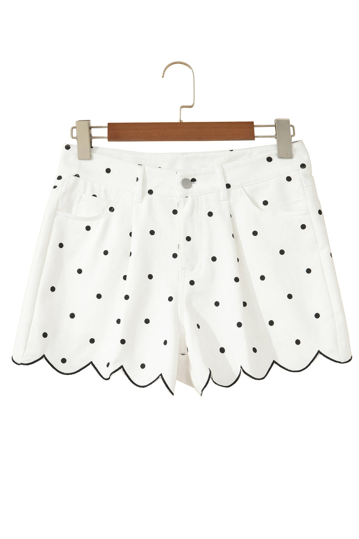 White Polka Dot Print Embroidered Scallop Hem Shorts