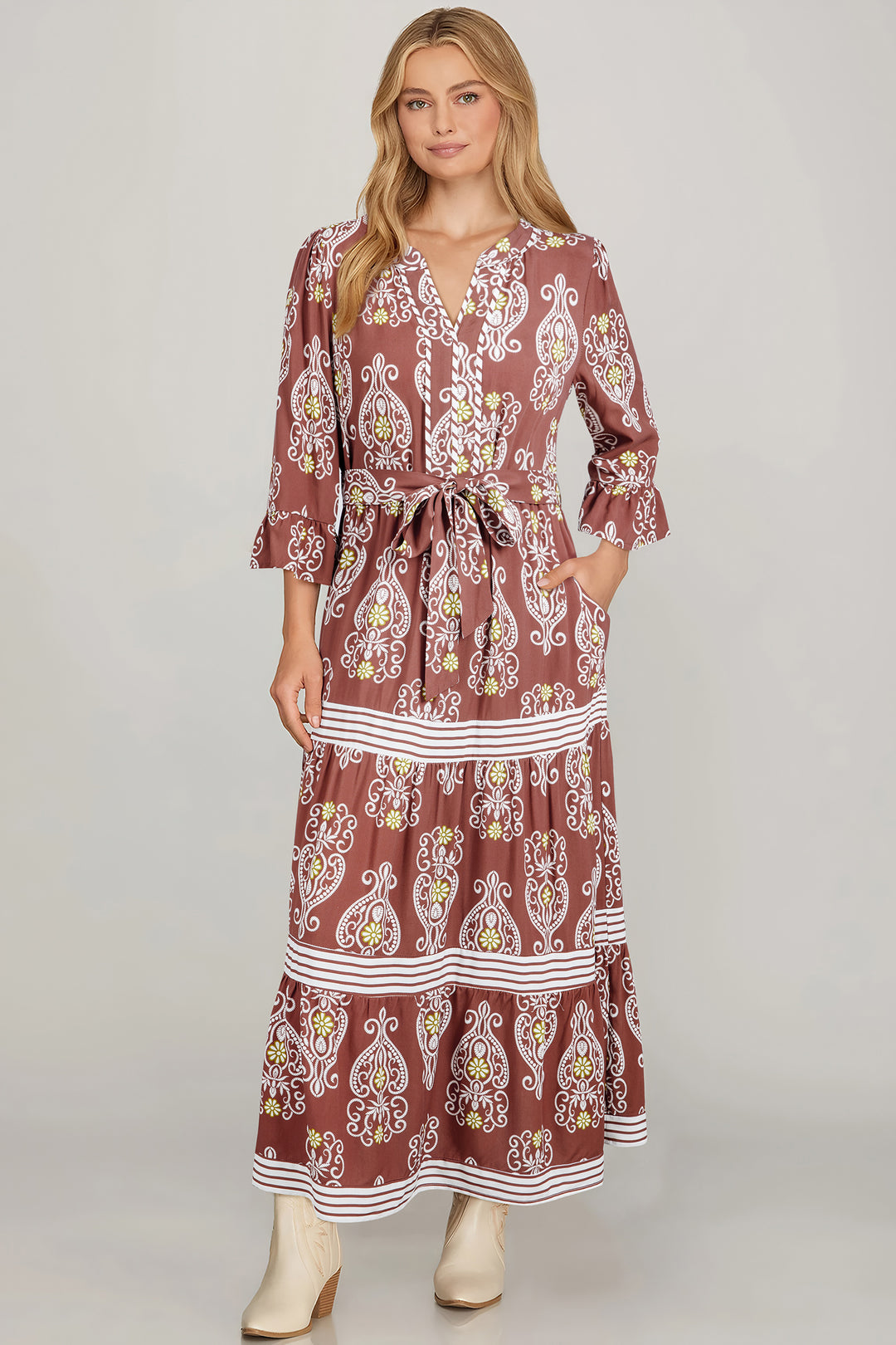 Floral Print Belted Striped Trim Tiered Maxi Dress