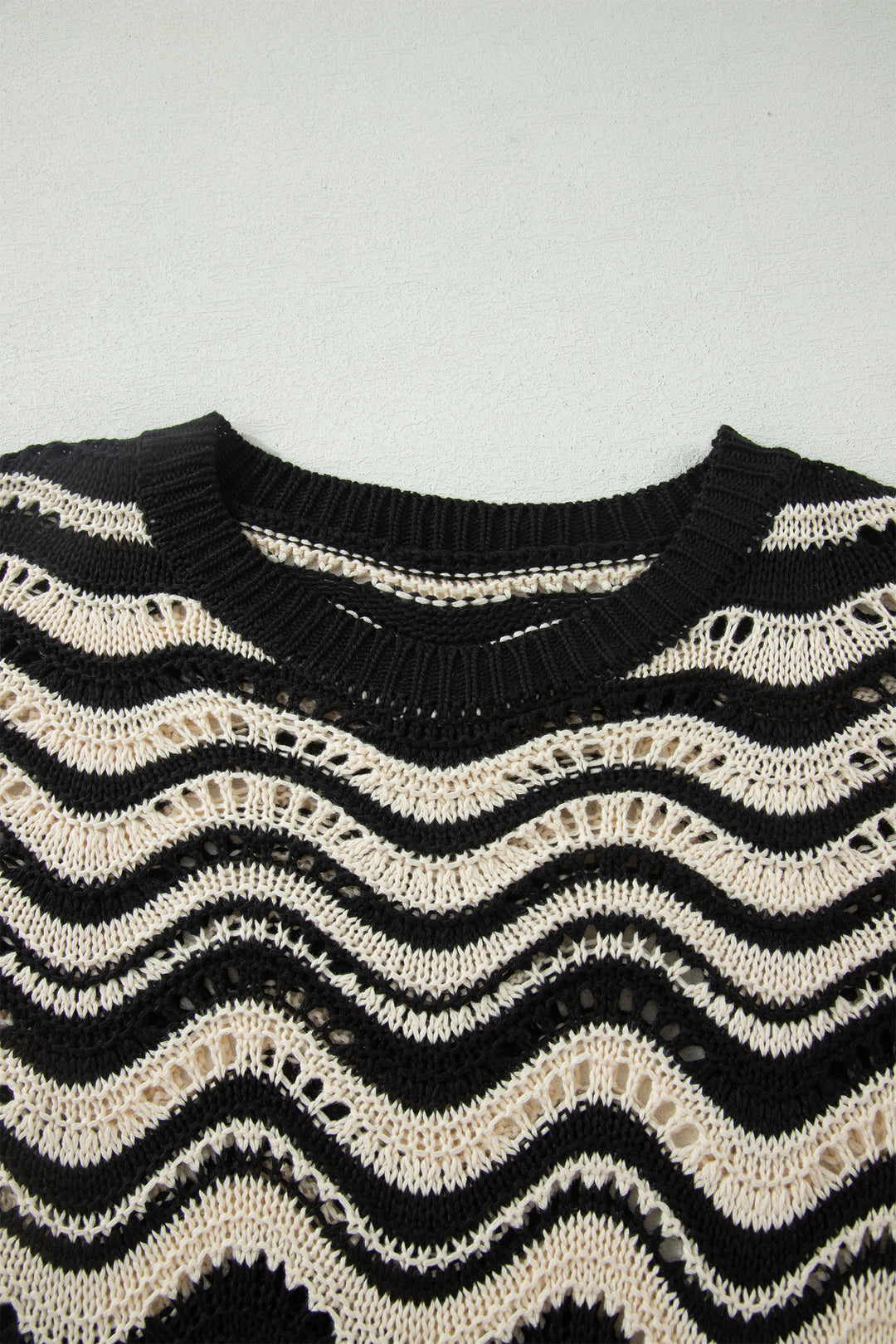 Black Stripe Wavy Crochet Eyelet Detail Ruffle Half Sleeve Sweater