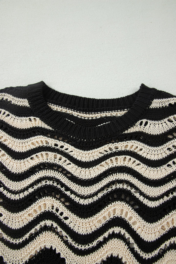 Black Stripe Wavy Crochet Eyelet Detail Ruffle Half Sleeve Sweater