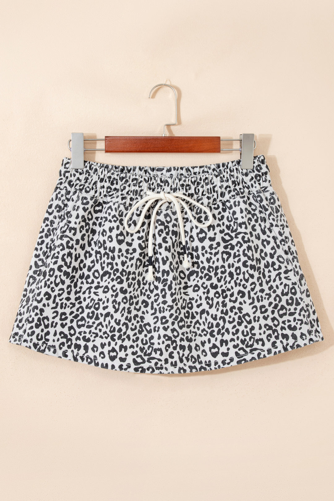 Khaki Leopard Print Tassel Drawstring Casual Denim Skort