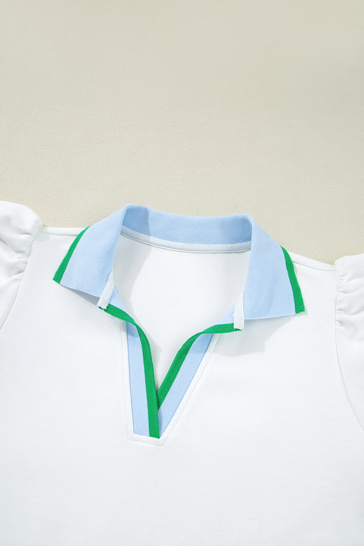 White Colorblock Edge Cap Sleeve Collared Top 2 Piece Skirt Set