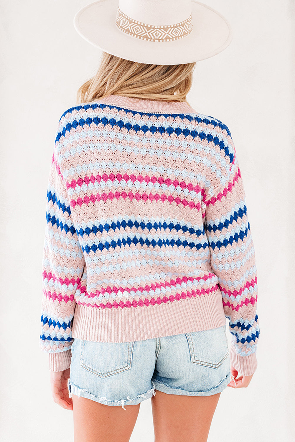 Eyelet Patterned Drop Shoulder Sweater