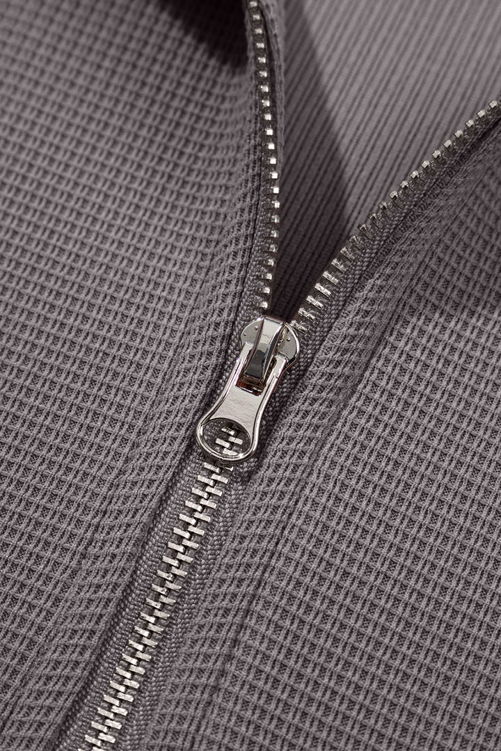 Gray Waffle Texture Collar Half Zip Pocketed Drop Shoulder Sweatshirt