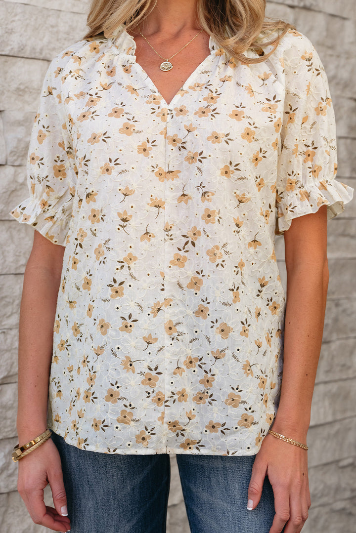 Floral Eyelet Embroidered Puff Sleeve Notch V Neck Blouse