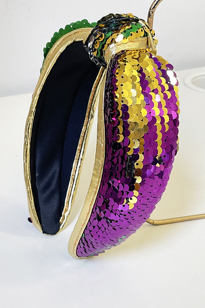 Bandeau large noué à paillettes Mardi Gras (paillettes placées au hasard)