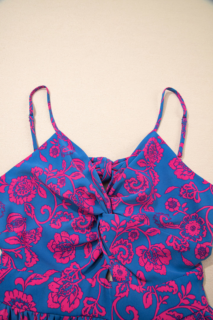 Floral Print Twisted V Neck Tied Backless Maxi Dress