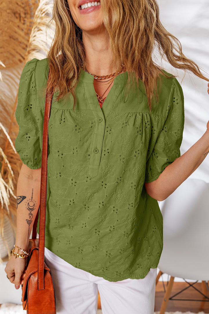 Lace Crochet V Neck Half Sleeve Embroidery Button Down Blouses Casual Shirts
