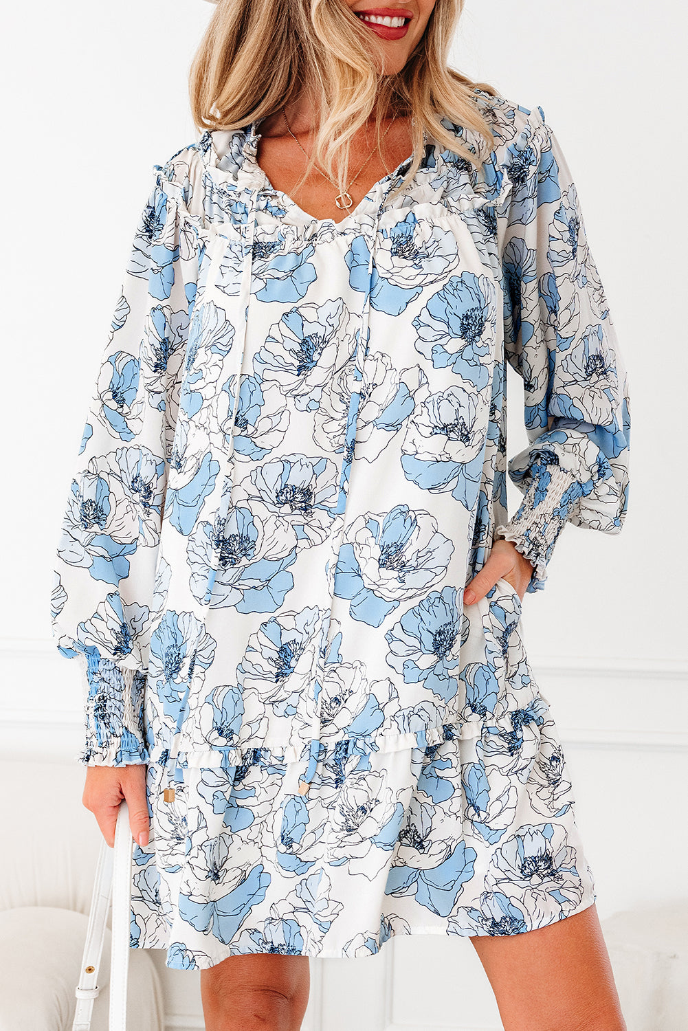 Floral Print Tie Neck Long Sleeve Flowy Mini Dress