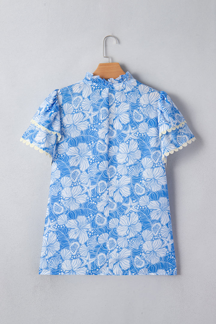Sky Blue Oceanic Floral Print Scalloped Trim V Neck Short Sleeve Blouse