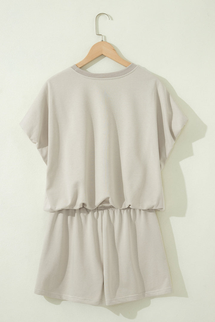 Smoke Gray Solid Color Puffy Loose Top Drawstring Shorts 2pcs Outfit