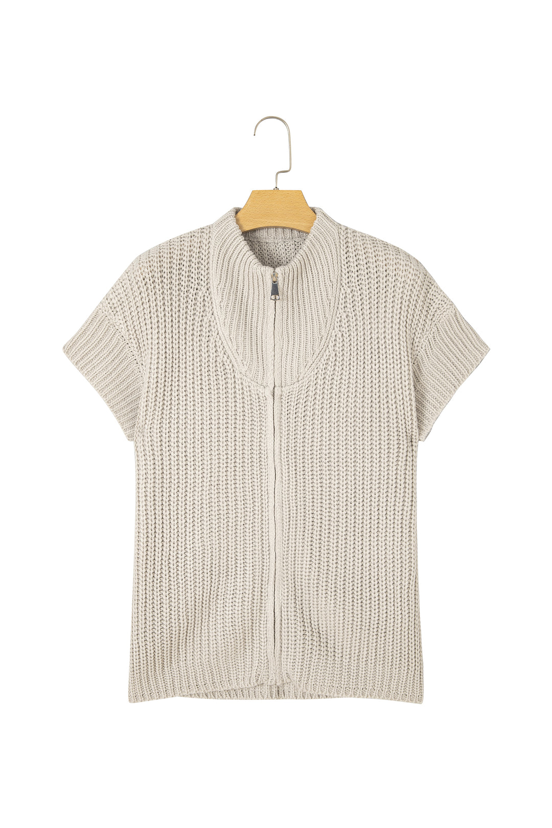 Jet Stream Solid Color Short Sleeve Zipper Knit High Neck Sweater