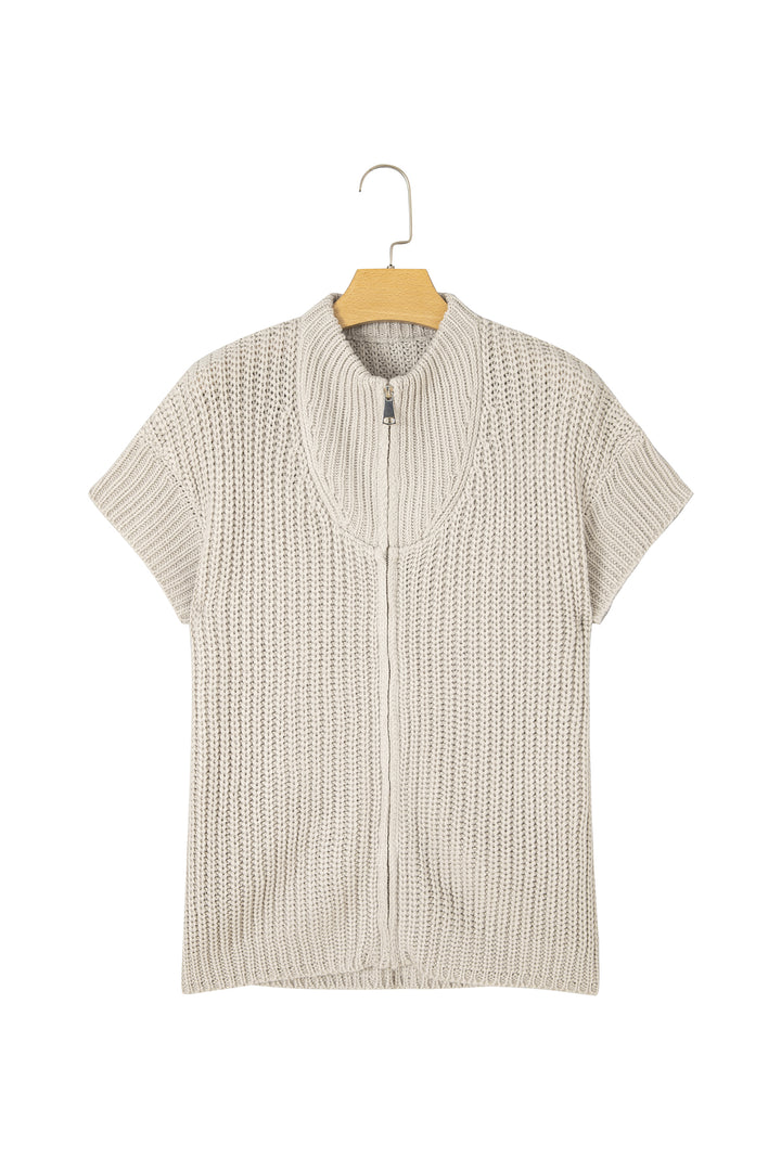 Jet Stream Solid Color Short Sleeve Zipper Knit High Neck Sweater