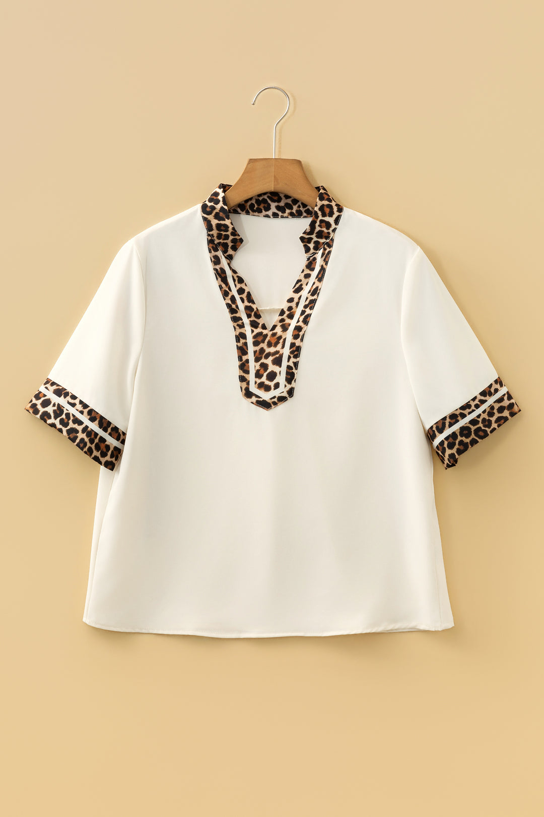 Leopard Patchwork Trim Split Neck Short Sleeve Blouse