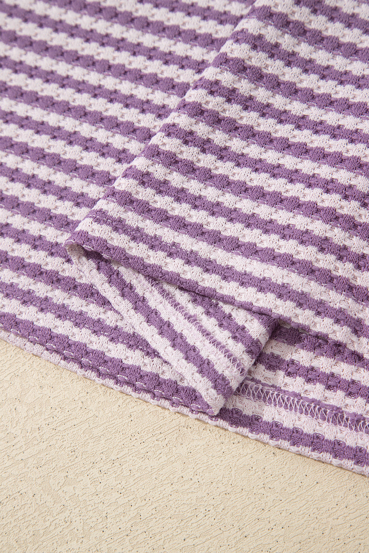 Purple Stripe Breathable Textured Knit Short 2pcs Set