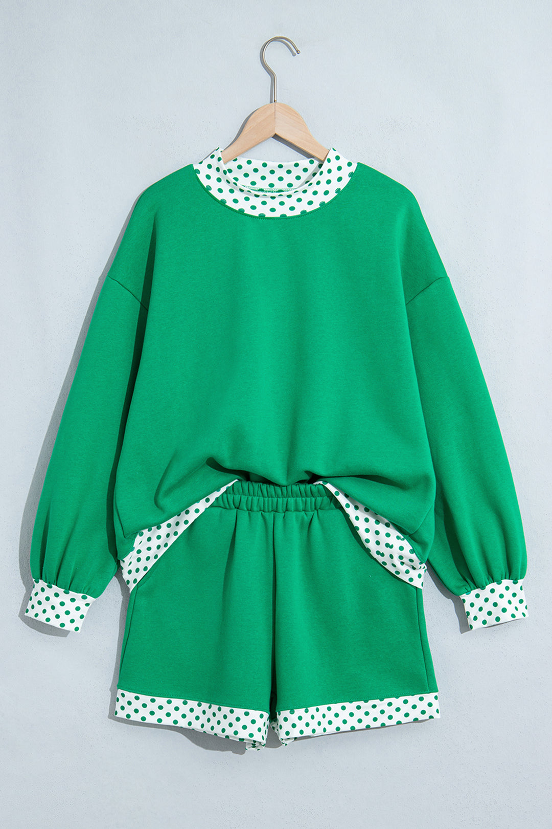 Bright Green Polka Dot Trim Baggy Pullover 2pcs Short Set