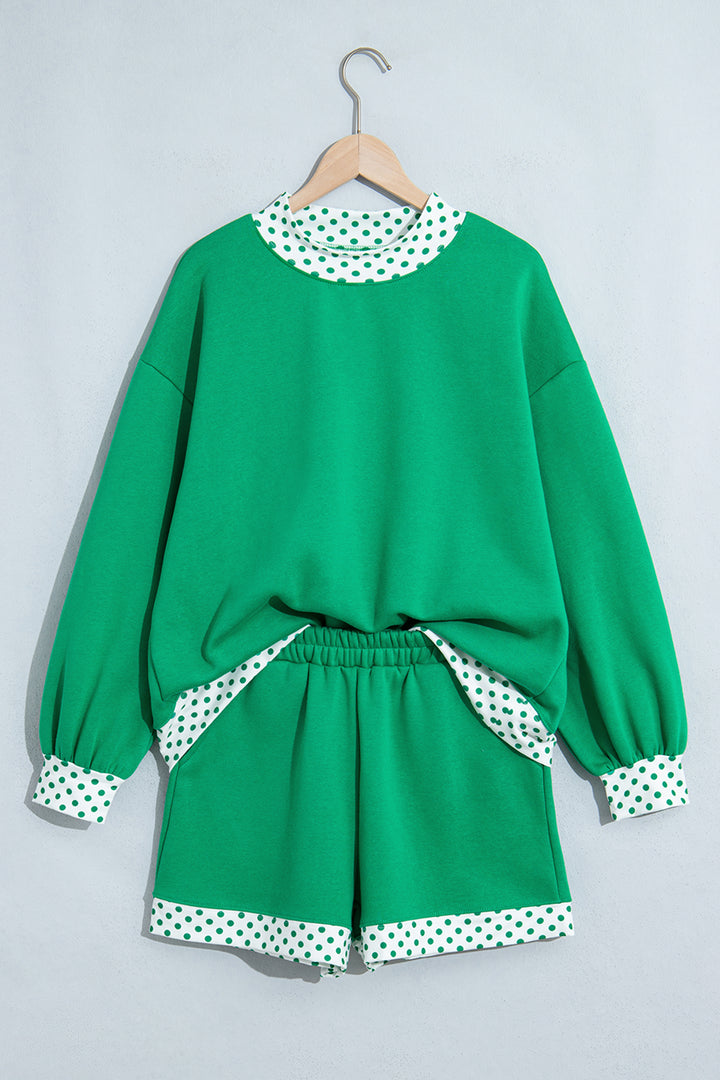 Bright Green Polka Dot Trim Baggy Pullover 2pcs Short Set