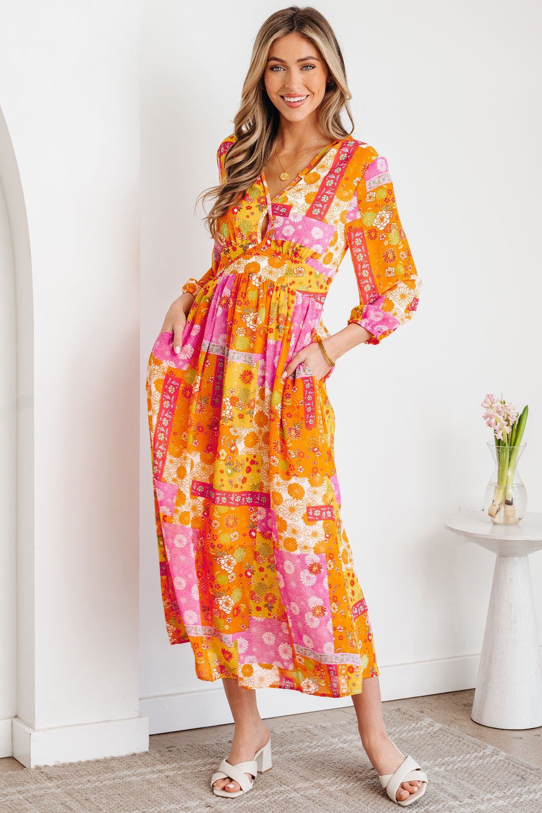 Orange Floral Print Cut out Tied Back Bracelet Sleeve Maxi Dress
