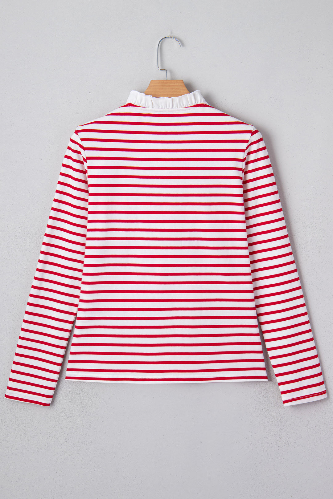 Red Stripe Contrast Frilled Trim Half Button Long Sleeve Top
