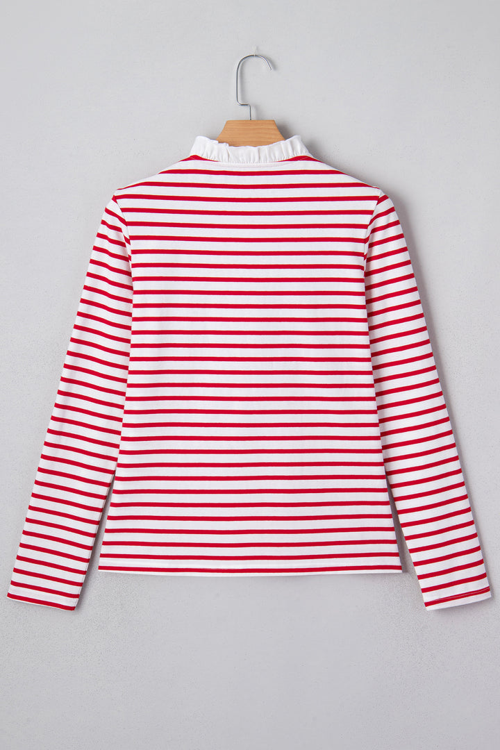 Red Stripe Contrast Frilled Trim Half Button Long Sleeve Top