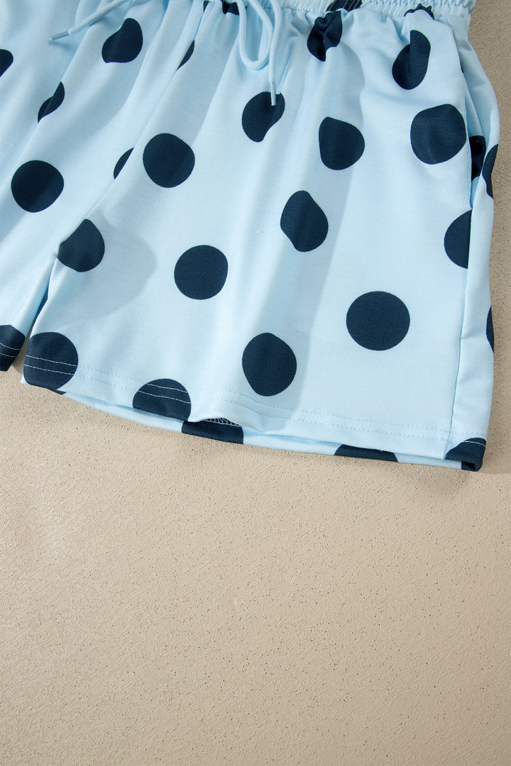Sky Blue Polka Dot Print Loose Tee Drawstring Elastic Waist Short Set