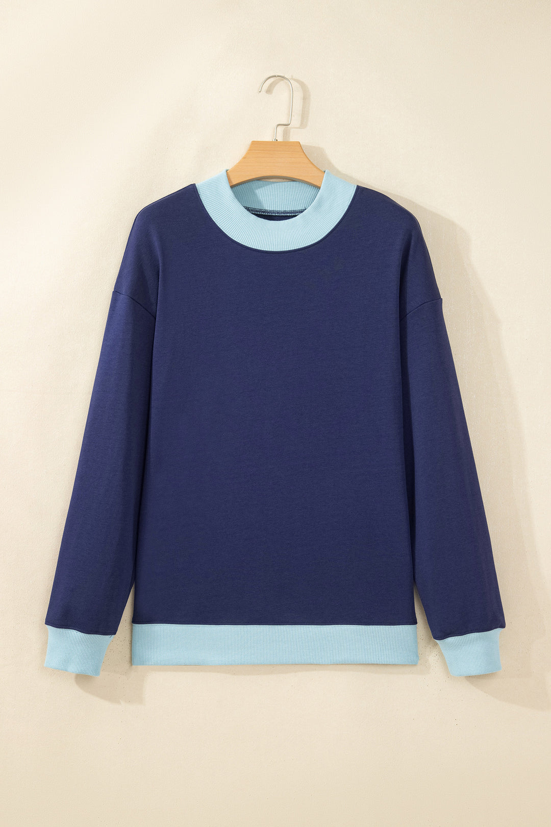 Dirty blue Colorblock Trim Crewneck Long Sleeve Pullover Sweatshirt