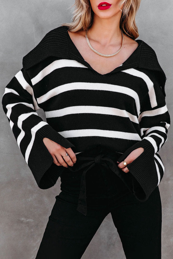 Black Caped V Neck Slit Sleeve Striped Sweater