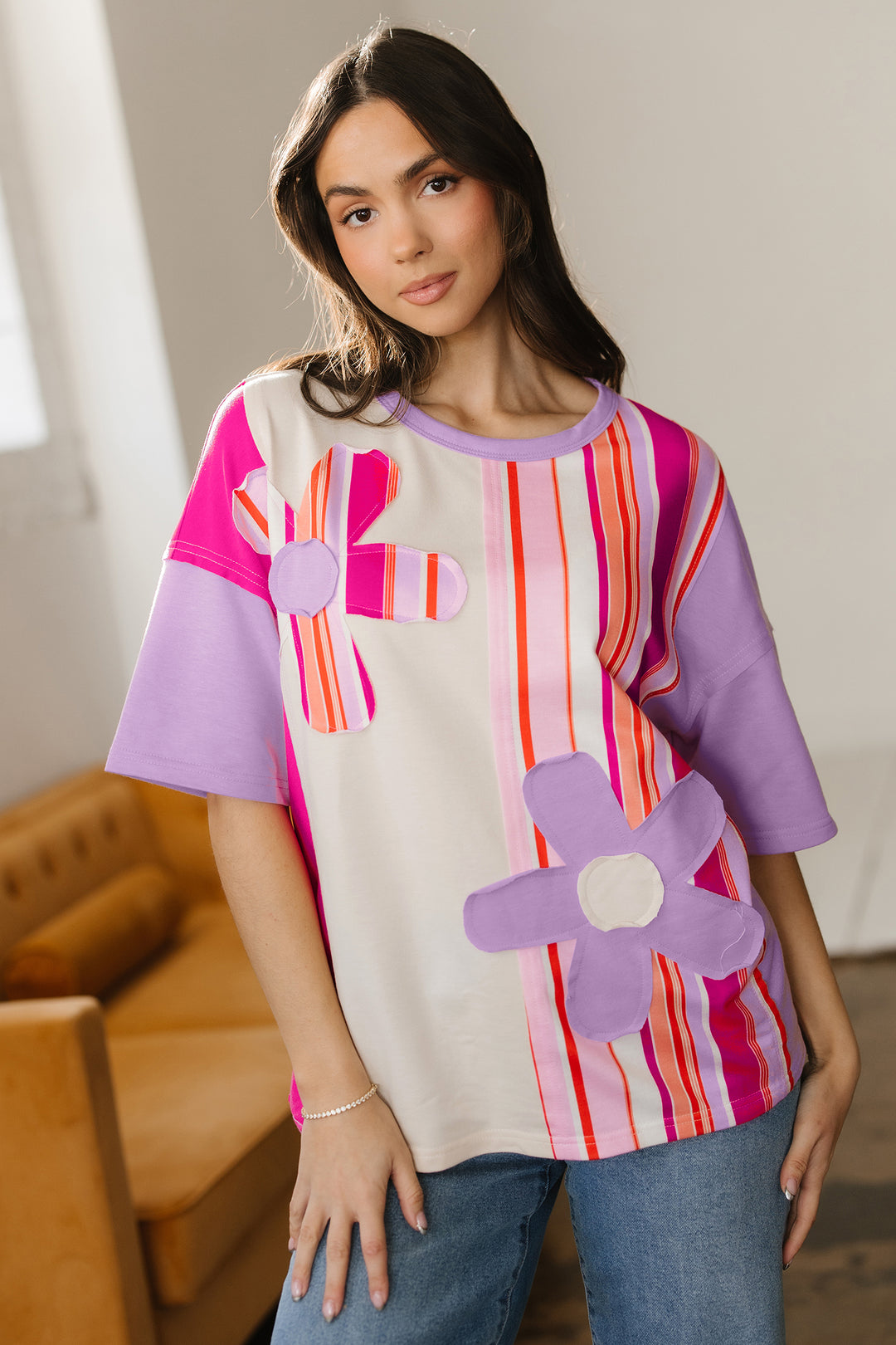 Striped Color Block Flower Patched Half Sleeve Loose Top