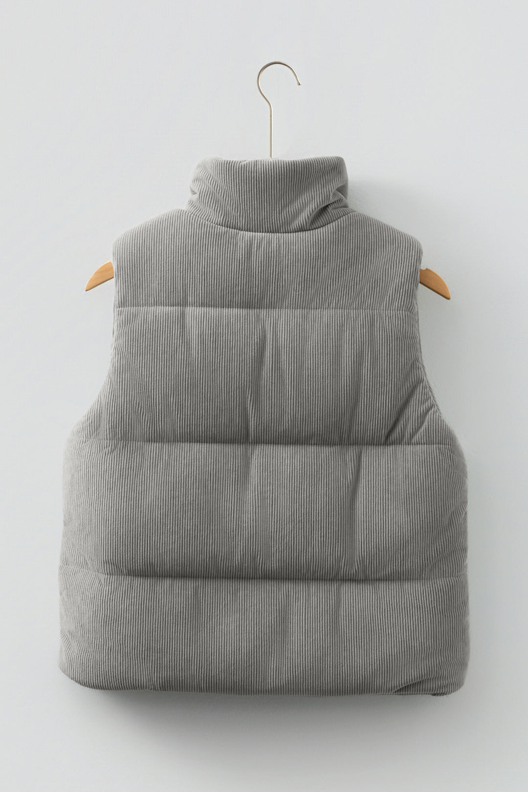 Gray Corduroy Stand Neck Zipped Puffer Vest