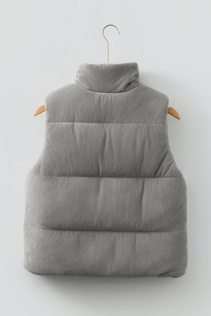 Gray Corduroy Stand Neck Zipped Puffer Vest