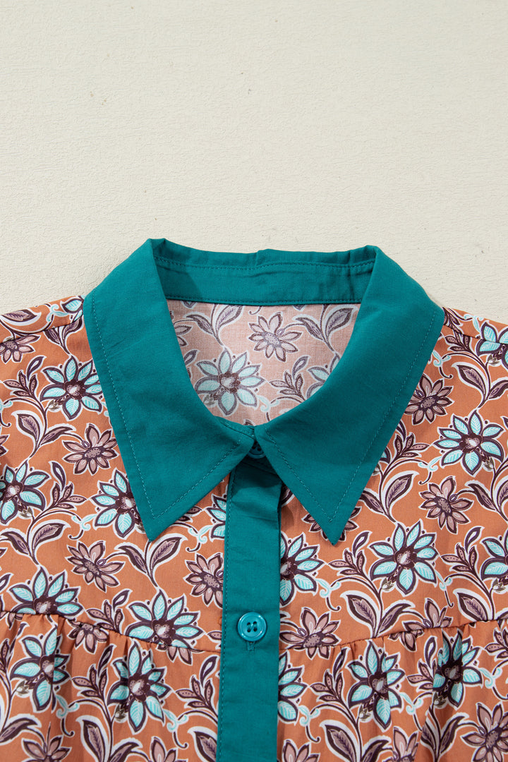 Boho Floral Contrast Collared Shirt Mini Dress