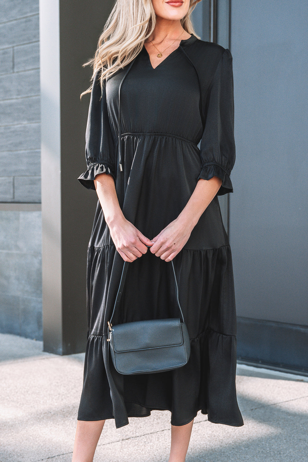 Flounced Bracelet Sleeve V Neck Tiered Maxi Dress