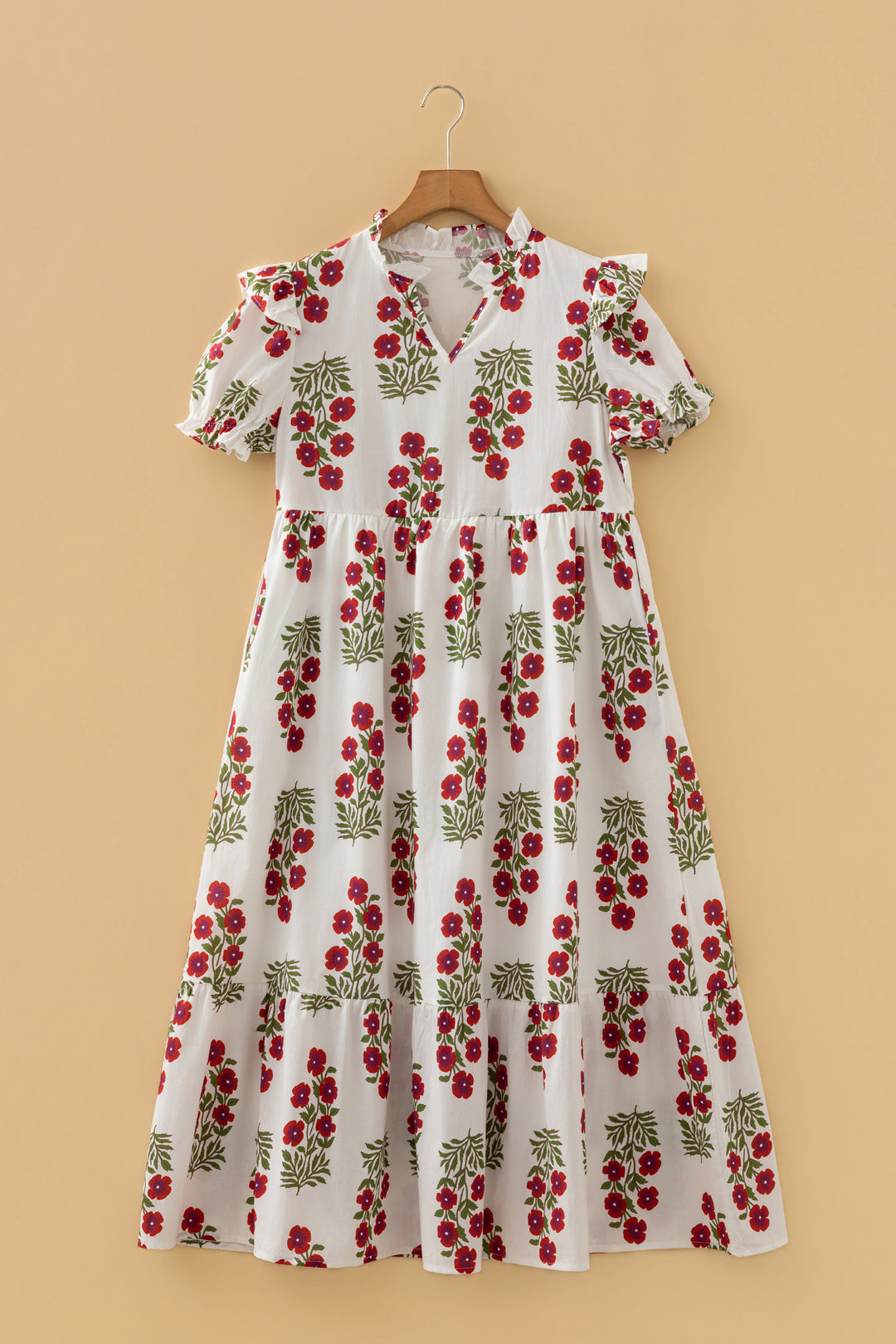 Floral Print V Neck 3/4 Sleeve Loose Mini Dress