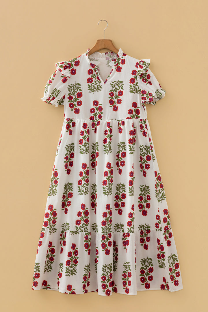 Floral Print V Neck 3/4 Sleeve Loose Mini Dress
