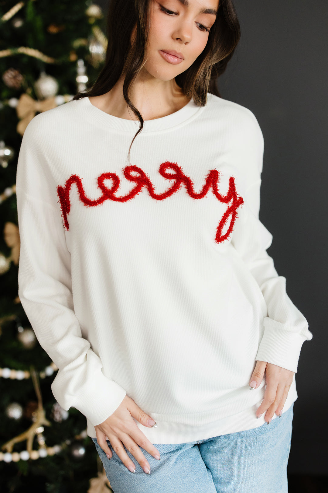 Merry Tinsel Letter Embroidery Ribbed Drop Shoulder Sweatshirt