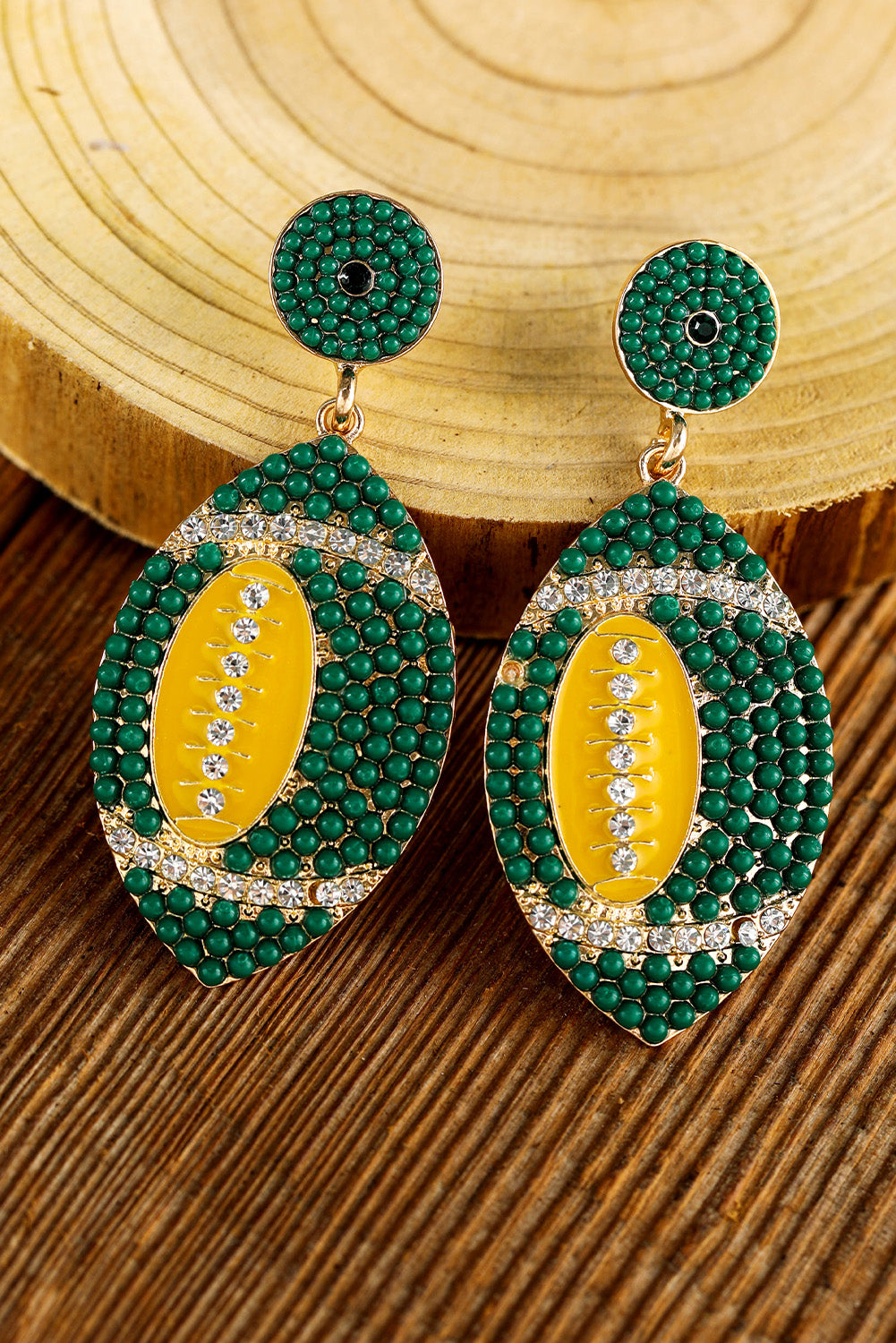 Boucles d'oreilles pendantes en perles et strass, motif rugby