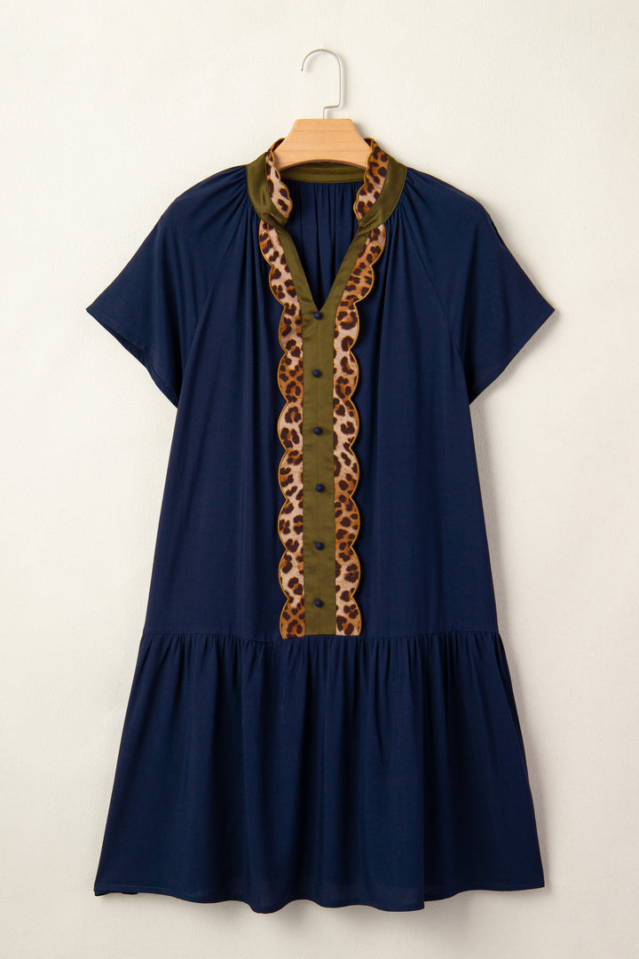 Navy Blue Leopard Metallic Trim Short Sleeve Tunic Dress
