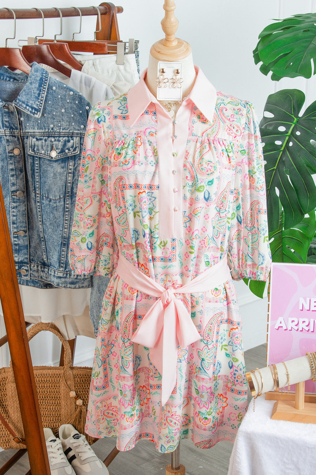 Pink Boho Floral Print Color Block Trim Half Button Belted Mini Dress