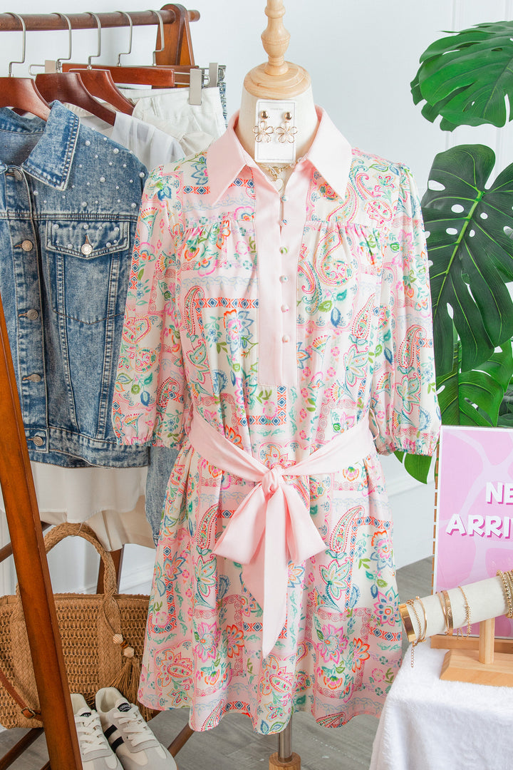 Pink Boho Floral Print Color Block Trim Half Button Belted Mini Dress