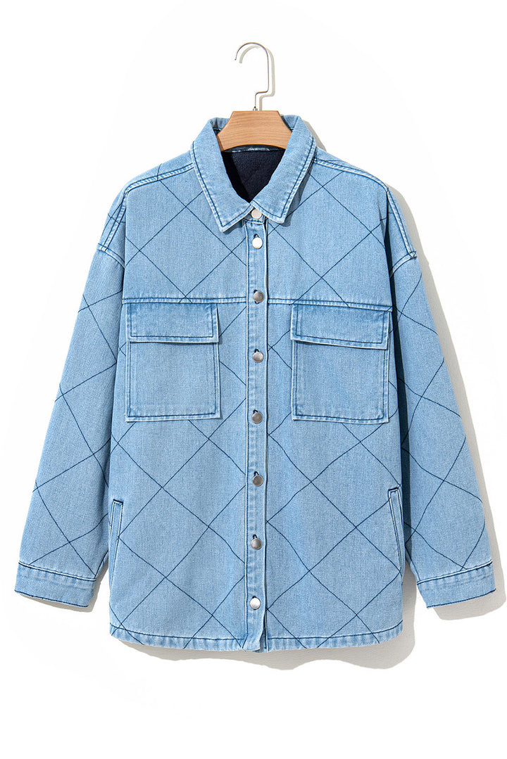 Myosotis Rhombus Stitched Pattern Button Pocketed Denim Jacket