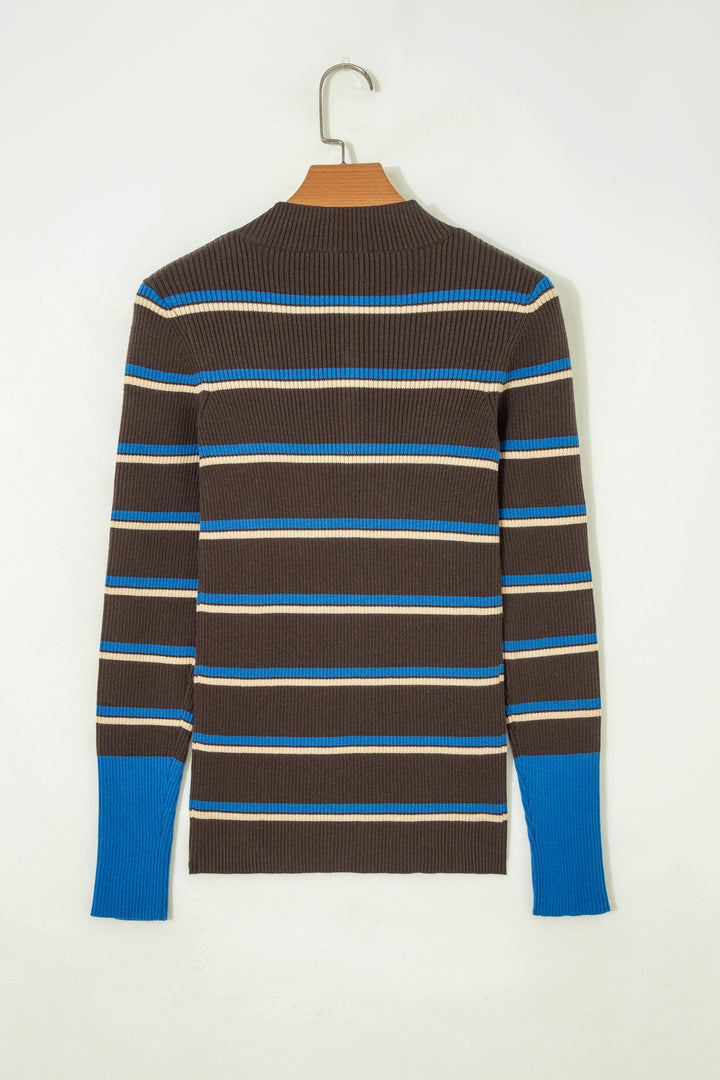 Chicory Coffee Ribbed Knit Contrast Cuff Henley Button Sweater