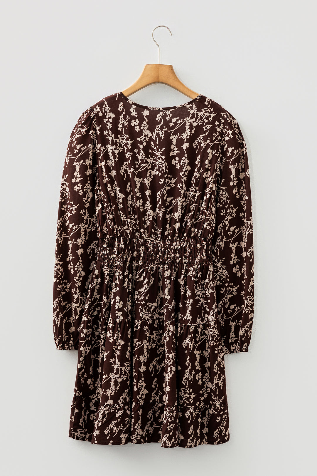 Ditsy Floral Print Split Neck Long Sleeve Shirred Waist Flared Mini Dress