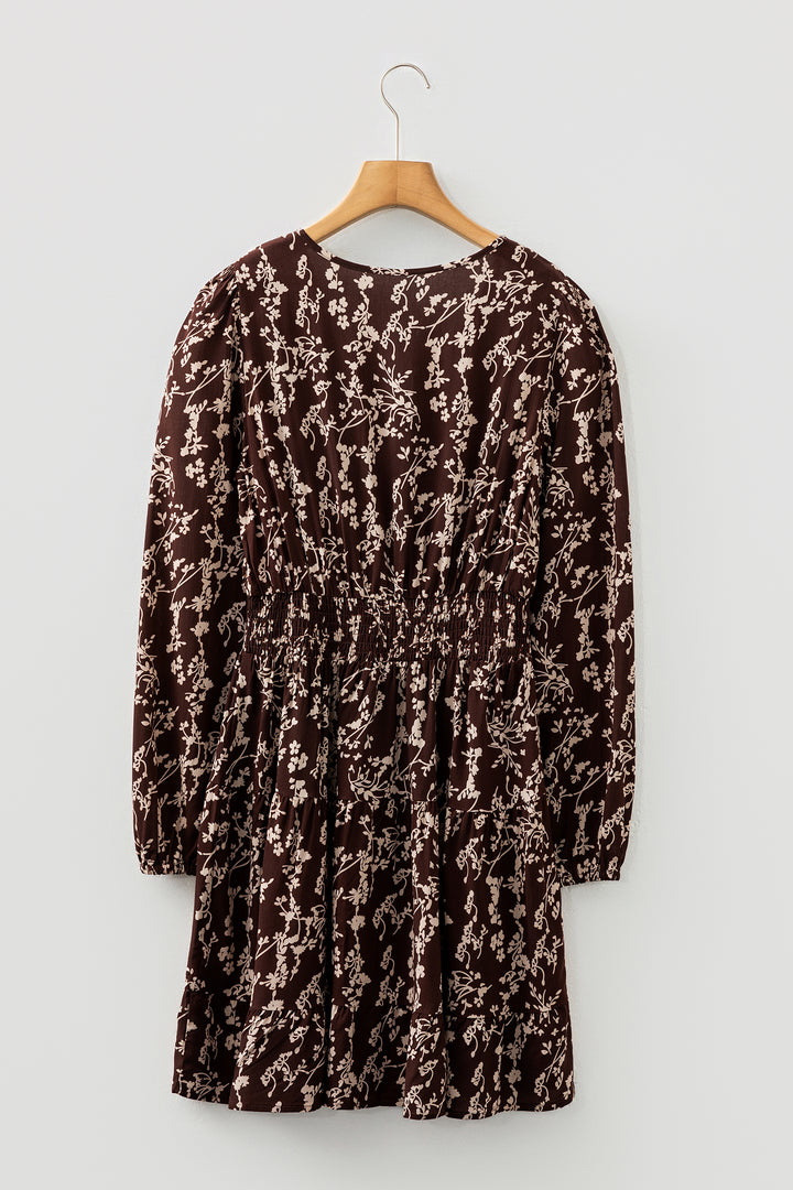 Ditsy Floral Print Split Neck Long Sleeve Shirred Waist Flared Mini Dress